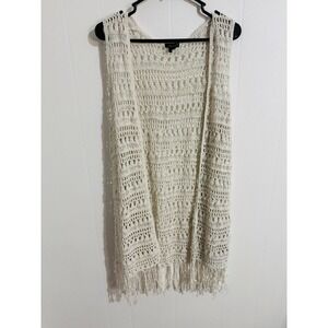Forever 21 Crochet Knit Vest Womens Medium Cream Excellent Fringe Boho Layering